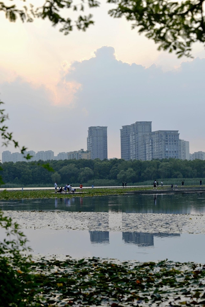 旅游频道>今日头条>正文> 图为夕阳下的张家港市暨阳湖,市民们正在